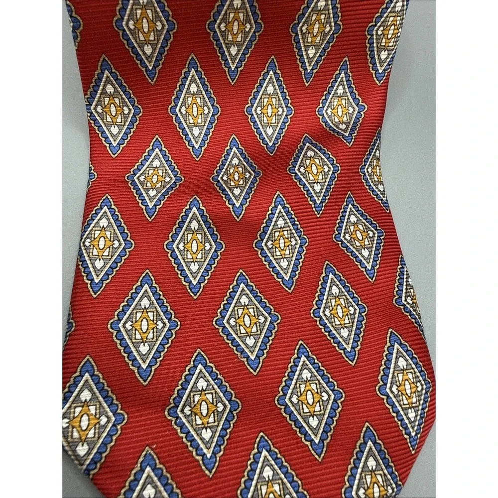 Jos A Bank Red Silk Neck Tie Red Geometric Pattern USA Made